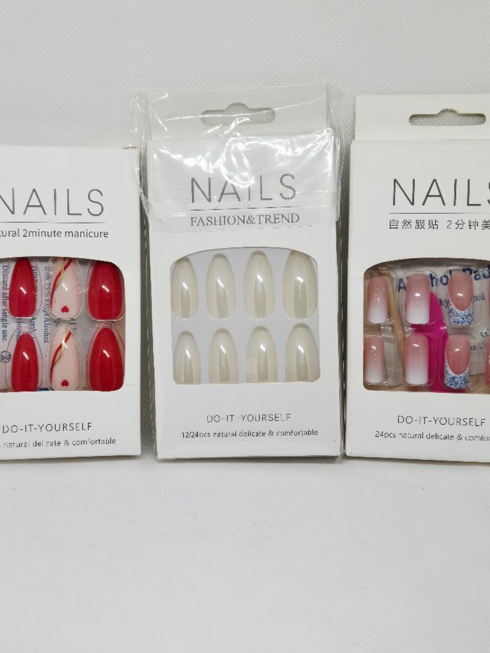 3 BOXES NATURAL PRESS ON NAILS RED HEART, PEARL & PINK WITH BLING NIB 72 TOTAL